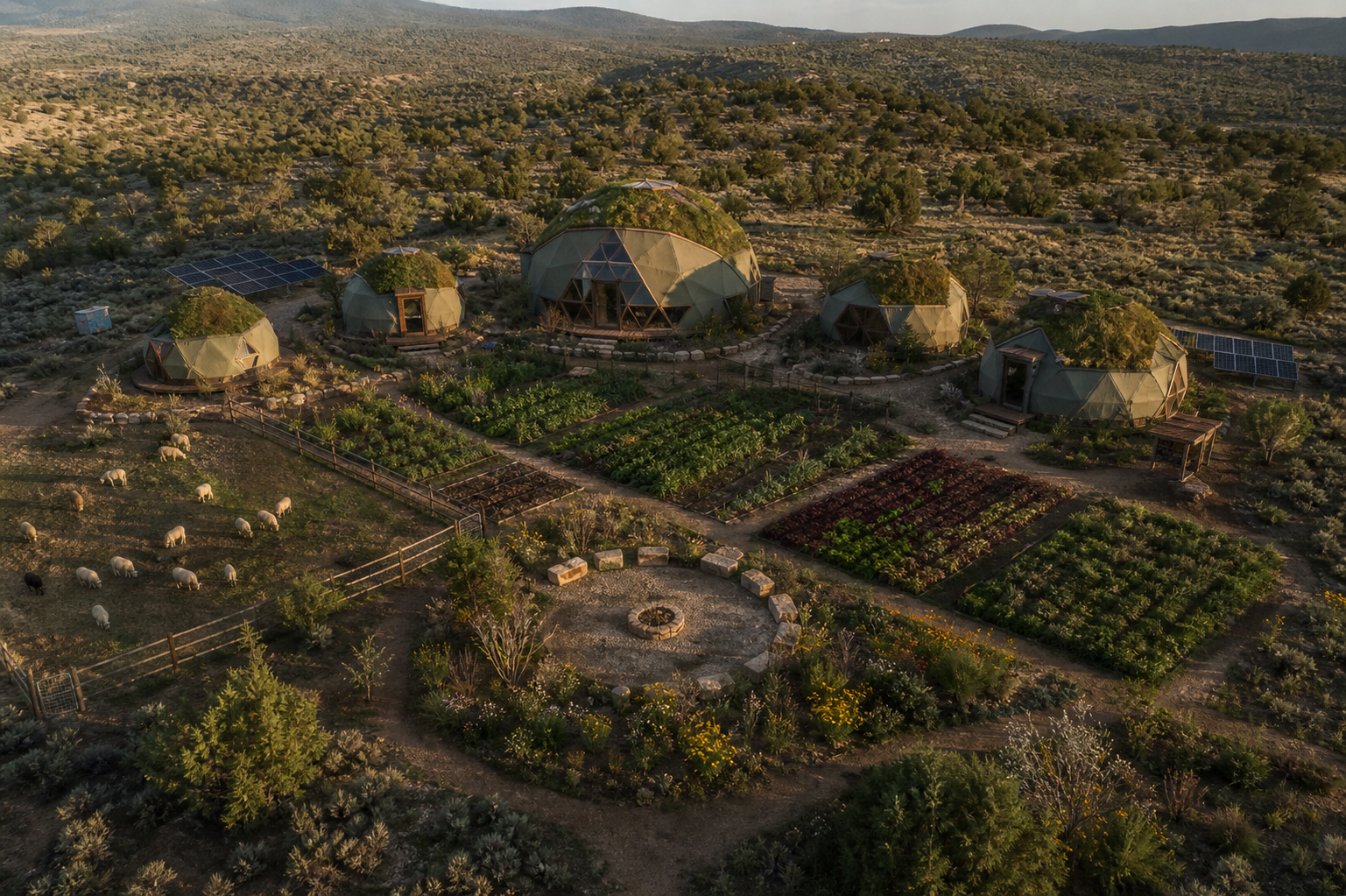 Aerial concept rendering of OWW Ranch showing geodesic domes, cultivated crop rows, animal pastures, and a central gathering circle